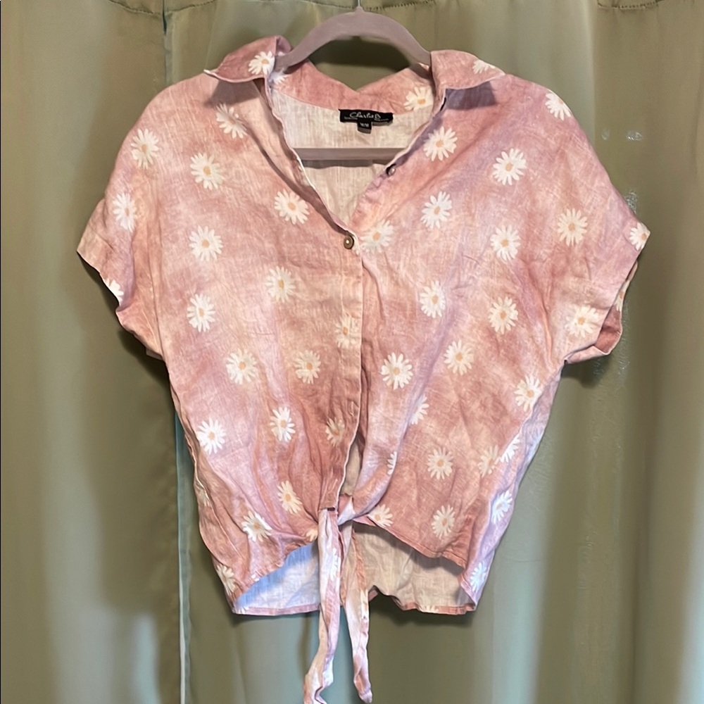 CHARLIE B Pink and White Cuffed Sleeve Button Down Shirt